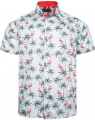 Kam Jeans 6067 Flamingo and Palm Tree Short Sleeve Shirt Blue