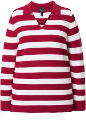 Ulla Popken Striped Polo Collar Long Sleeve Sweater Ruby Red