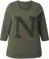 Ulla Popken Textured Lettering 3/4 Sleeve Tee Olive