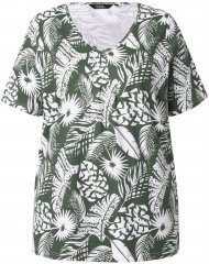 Ulla Popken Feather Print Short Sleeve V-Neck Tee Olive Grey
