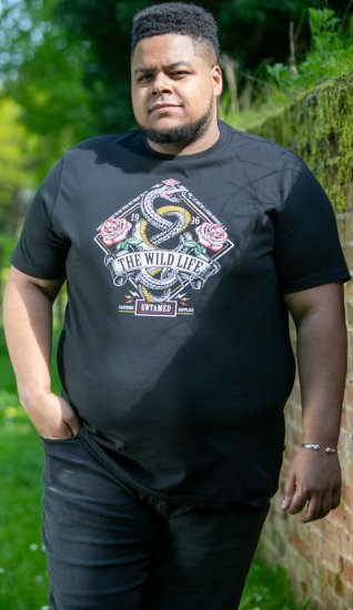 D555 MALCOM Snake And Roses Printed Crew Neck T-Shirt Black - Pólók - Nagyméretű pólók - 2XL-14XL