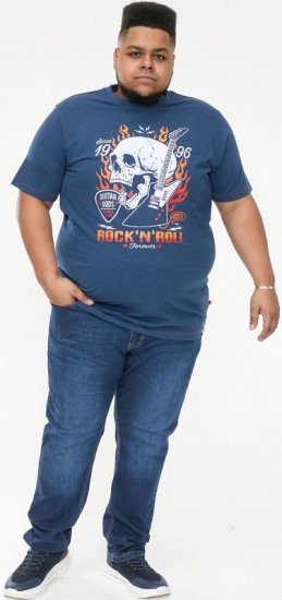 D555 NEAL Skull With Flames Printed Crew Neck T-Shirt Navy/Blue Twist - Pólók - Nagyméretű pólók - 2XL-14XL