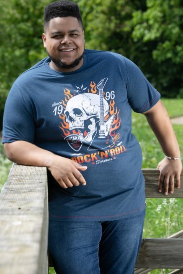 D555 NEAL Skull With Flames Printed Crew Neck T-Shirt Navy/Blue Twist - Pólók - Nagyméretű pólók - 2XL-14XL