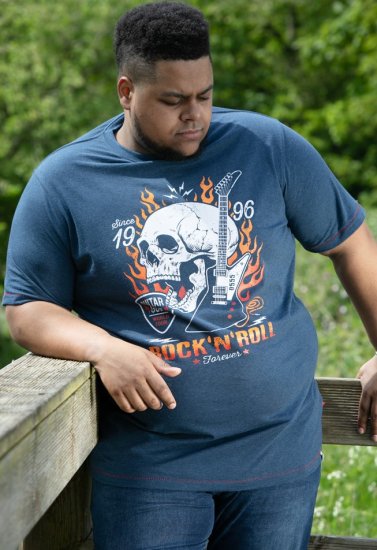 D555 NEAL Skull With Flames Printed Crew Neck T-Shirt Navy/Blue Twist - Pólók - Nagyméretű pólók - 2XL-14XL