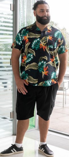 D555 Selby Hawaiian AOP Short Sleeve Revere Collar Shirt Black - Ingek - Ingek 2XL-10XL