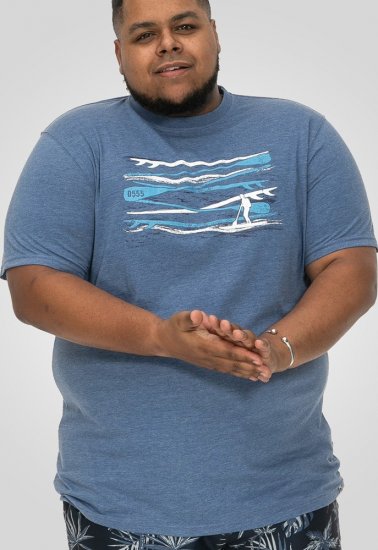 D555 Cardiff Surfer And Waves Printed Crew Neck T-shirt Denim Marl - Pólók - Nagyméretű pólók - 2XL-14XL