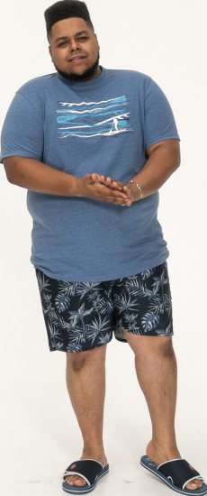 D555 Cardiff Surfer And Waves Printed Crew Neck T-shirt Denim Marl - Pólók - Nagyméretű pólók - 2XL-14XL