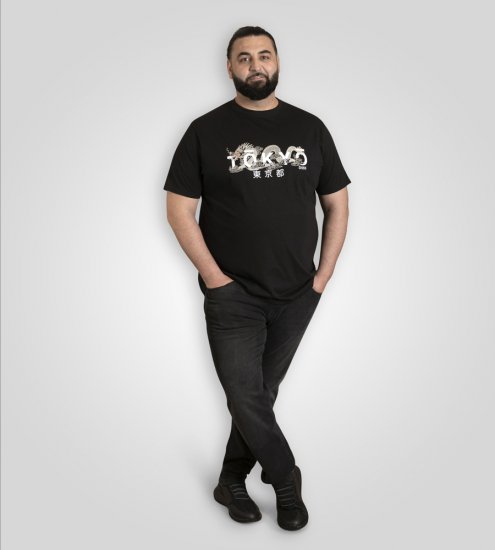 D555 Ginza Tokyo with Dragon Crew Neck T-shirt Black - Pólók - Nagyméretű pólók - 2XL-14XL