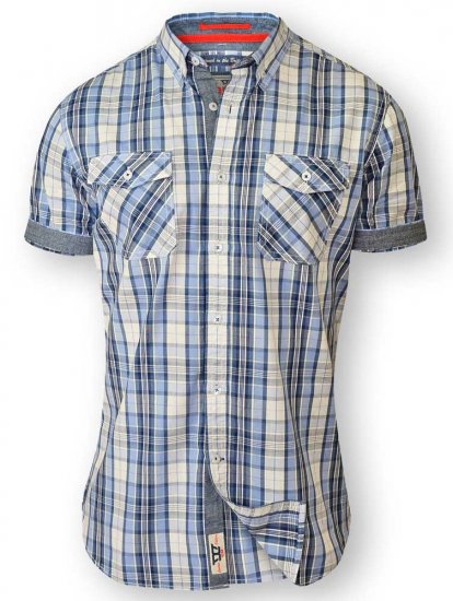 D555 FIDEL Twin Pocket Short Sleeve Blue & Ecru Check Shirt - Ingek - Ingek 2XL-10XL
