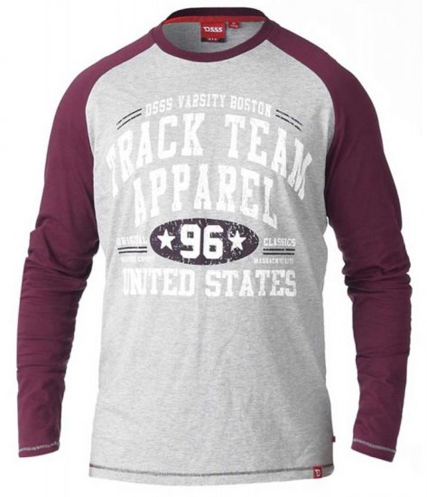 D555 KELTON Long Sleeve Raglan T-Shirt Grey/Burgundy - Pólók - Nagyméretű pólók - 2XL-14XL