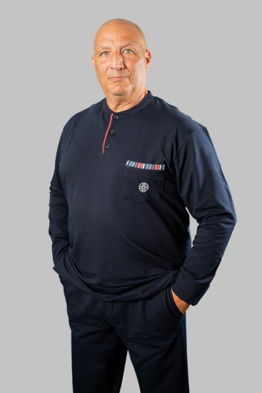20 Nodi Long Pajamas in Stretch Fleece Cotton with Serafino Collar and Jacket with Pocket and Side Slits Navy - Pizsama/Loungewear - Pizsama 2XL-10XL