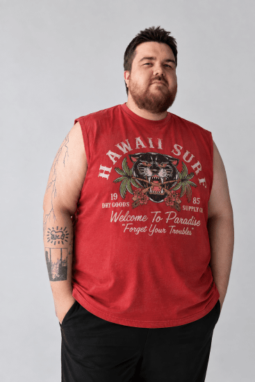 Kam Jeans 5763 Hawaii Surf Vest Sleeveless T-Shirt Washed Red - Pólók - Nagyméretű pólók - 2XL-14XL