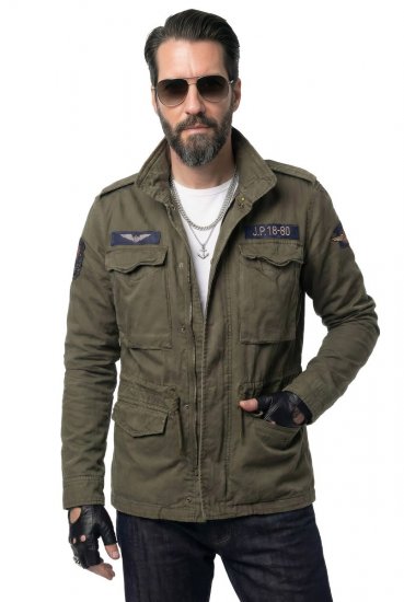 JP1880 Field Jacket with Badges Vintage Look TALL Moss Green - TALL kabátok - TALL dzsekik magas férfiaknak