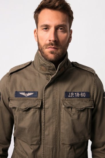 JP1880 Field Jacket with Badges Vintage Look TALL Moss Green - TALL kabátok - TALL dzsekik magas férfiaknak