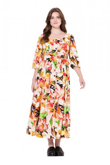 Ulla Popken 832512 Virágos lenkeverék ruha háromnegyedes ujjal Piros - Maxi ruhák - Női plus size maxiruhák