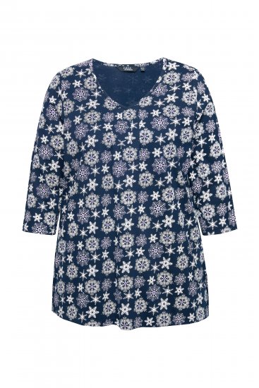 Ulla Popken Snowflake Print 3/4 Sleeve A-Line Tee Navy - Mintás pólók nőknek - 