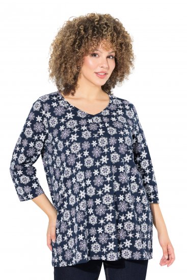 Ulla Popken Snowflake Print 3/4 Sleeve A-Line Tee Navy - Mintás pólók nőknek - 