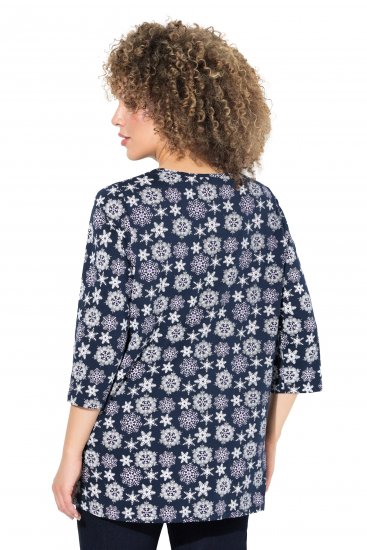 Ulla Popken Snowflake Print 3/4 Sleeve A-Line Tee Navy - Mintás pólók nőknek - 