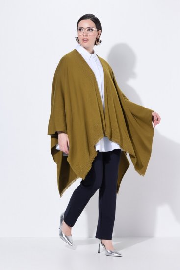 Ulla Popken 841117 Strasszos oversize kötött poncsó Olívazöld - Poncsók és pelerinek - 