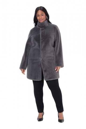 Ulla Popken 843003 Állógalléros műszőrme kabát Szürke - Kabátok - Női plus size kabátok