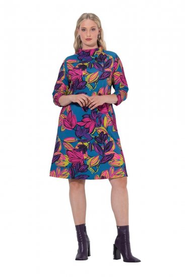 Ulla Popken 843180 Virágos jersey ruha Petrol - Ruhák - Ruhák minden méretben