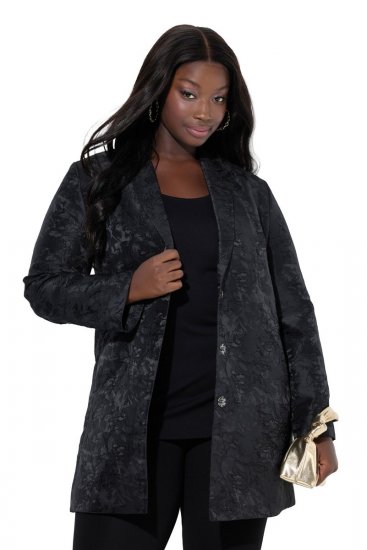 Ulla Popken 848099 Virágos jacquard blézer rejtett gombolással Fekete - Blézerek - Blézerek plus size méretben nőknek