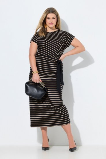 Ulla Popken 848921 Csíkos jersey ruha megkötős övvel Fekete - Maxi ruhák - Női plus size maxiruhák