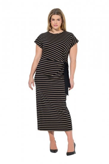 Ulla Popken 848921 Csíkos jersey ruha megkötős övvel Fekete - Maxi ruhák - Női plus size maxiruhák