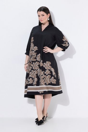 Ulla Popken 849423 Virágos ruha háromnegyedes ujjal Fekete - Maxi ruhák - Női plus size maxiruhák