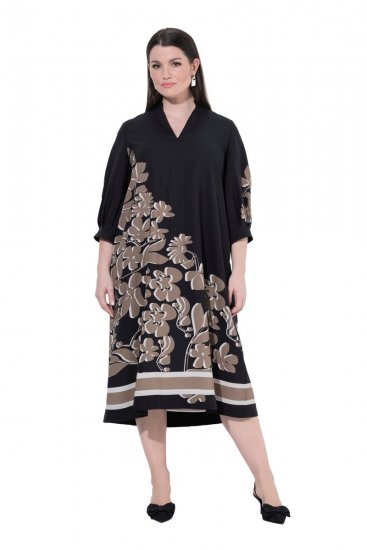 Ulla Popken 849423 Virágos ruha háromnegyedes ujjal Fekete - Maxi ruhák - Női plus size maxiruhák