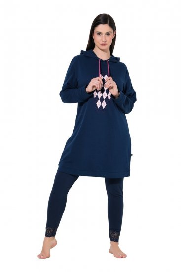Ulla Popken 851749 Kockás otthoni ruha kapucnival Sötétkék - Pizsama/Loungewear - 