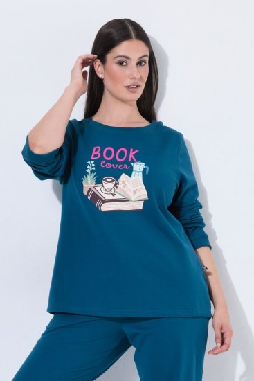 Ulla Popken 852710 Hosszú ujjú otthoni pulóver Petrol - Pizsama/Loungewear - 