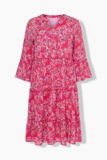 Ulla Popken 852841 Virágos ruha fodrokkal Magenta - Midi ruhák - Női midiruhák nagy méretben