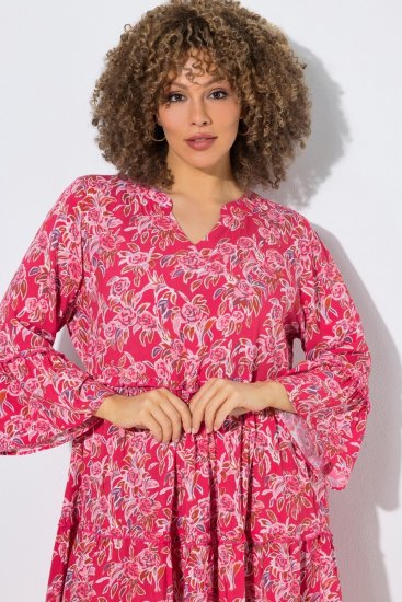 Ulla Popken 852841 Virágos ruha fodrokkal Magenta - Midi ruhák - Női midiruhák nagy méretben