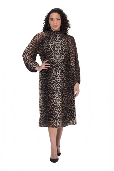 Ulla Popken 853788 Állatmintás sifonruha Világosbarna - Maxi ruhák - Női plus size maxiruhák