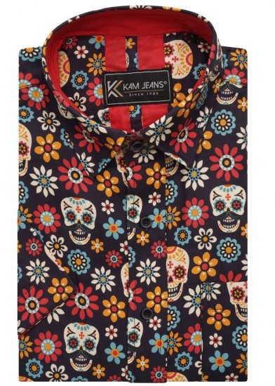 Kam Jeans 6040 Floral Skull Print Shirt Black - Ingek - Ingek 2XL-10XL