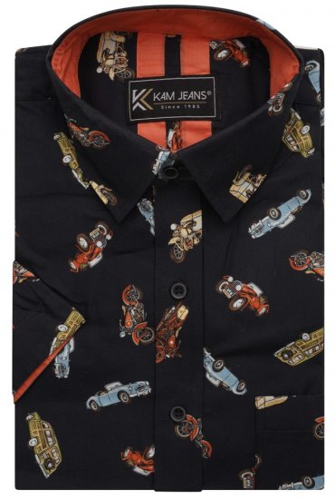 Kam Jeans 6046 Vintage Car Digital Print Shirt Black - Ingek - Ingek 2XL-10XL