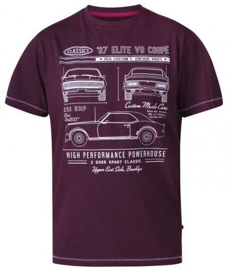 D555 Brady Classic Cars Crew Neck T-Shirt Burgundy - Pólók - Nagyméretű pólók - 2XL-14XL