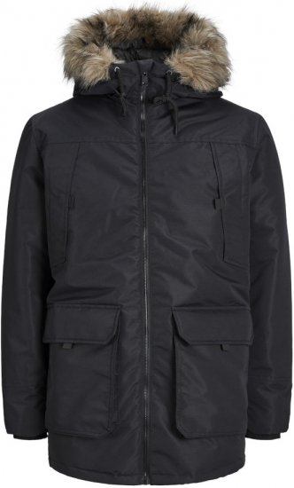 Jack & Jones CONSTRUCT Windproof Fur Parka Black - Kabátok - Nagyméretű Kabátok - 2XL-8XL