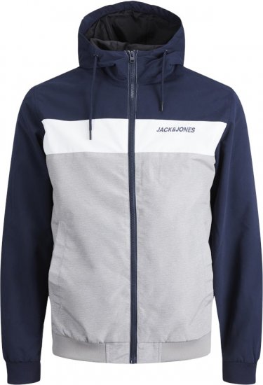 Jack & Jones RUSH White/Grey Blocking Bomber Jacket with Hood Navy Blazer - Kabátok - Nagyméretű Kabátok - 2XL-8XL