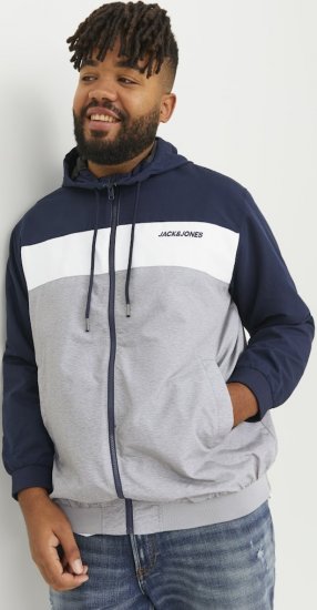 Jack & Jones RUSH White/Grey Blocking Bomber Jacket with Hood Navy Blazer - Kabátok - Nagyméretű Kabátok - 2XL-8XL