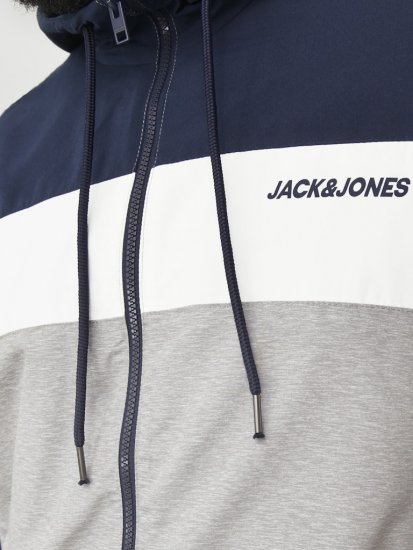 Jack & Jones RUSH White/Grey Blocking Bomber Jacket with Hood Navy Blazer - Kabátok - Nagyméretű Kabátok - 2XL-8XL