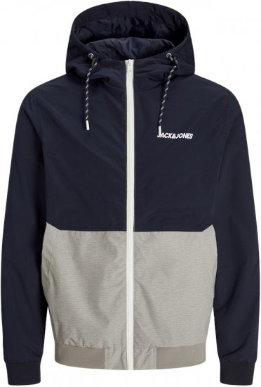 Jack & Jones RUSH White/Grey Blocking Bomber Jacket with Hood Dark Blue - Kabátok - Nagyméretű Kabátok - 2XL-8XL