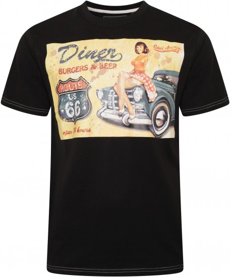 Kam Jeans 5751 Distressed Diners Print T-Shirt Black - Pólók - Nagyméretű pólók - 2XL-14XL