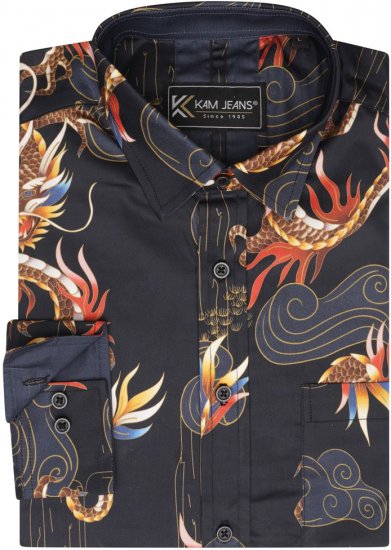 Kam Jeans 6057 LS Dragon Print Shirt Black - Ingek - Ingek 2XL-10XL