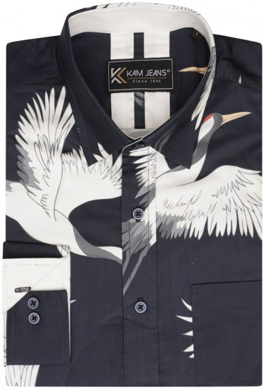Kam Jeans 6059 LS Bird Print Shirt Navy - Ingek - Ingek 2XL-10XL