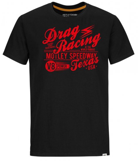 Motley Denim Lincoln T-Shirt Red on Black - Pólók - Nagyméretű pólók - 2XL-14XL