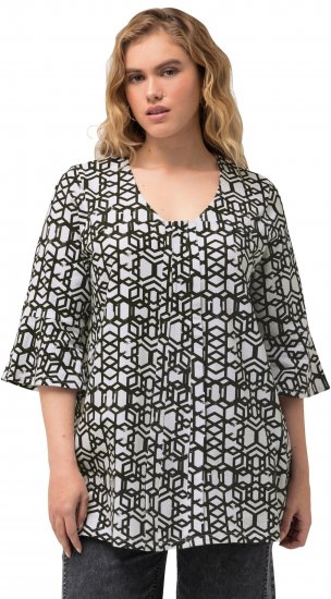 Ulla Popken Geometric Print Trumpet Sleeve Tee Black - Mintás pólók nőknek - 