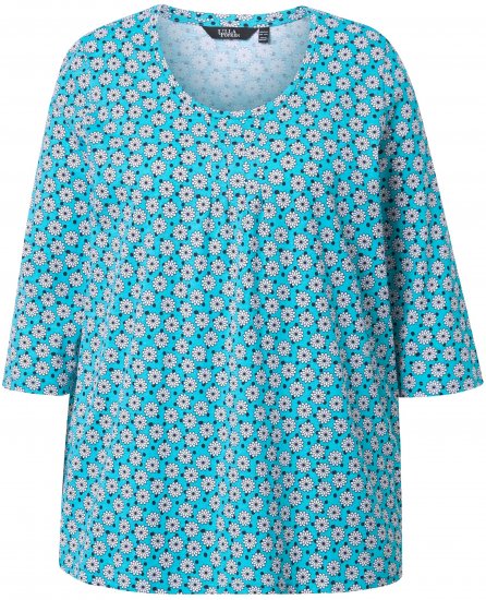 Ulla Popken Flower Print 3/4 Sleeve A-Line Tee Deep Aqua - Mintás pólók nőknek - 