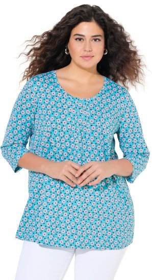 Ulla Popken Flower Print 3/4 Sleeve A-Line Tee Deep Aqua - Mintás pólók nőknek - 